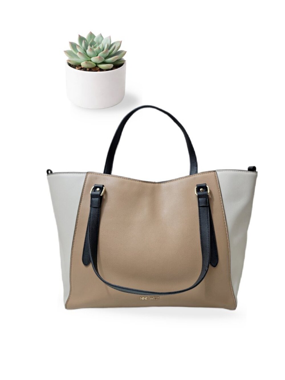 Nine West Colorblock Tote Bag Camel Cream Black Large Shoulder Purse Handbag